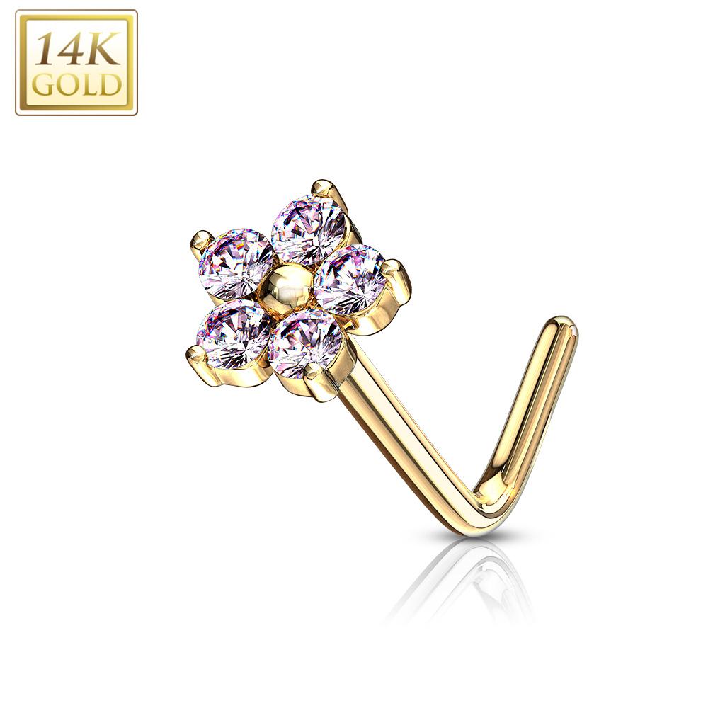 14K Solid Gold 20 Gauge L Bend Nose Stud with CZ Flower Top - photo 2