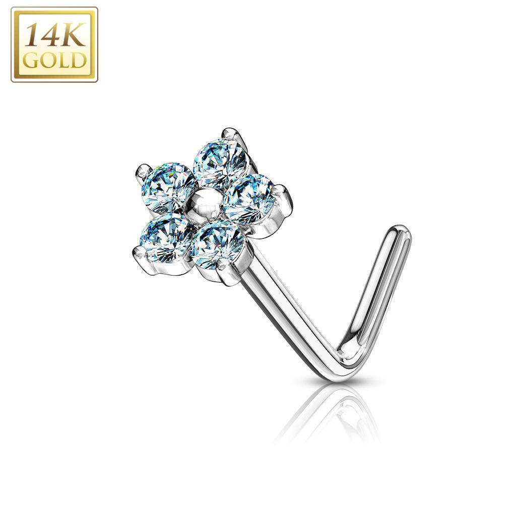 14K Solid Gold 20 Gauge L Bend Nose Stud with CZ Flower Top - photo 3