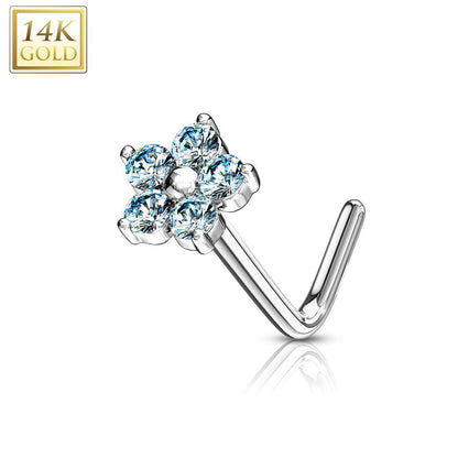 14K Solid Gold 20 Gauge L Bend Nose Stud with CZ Flower Top - photo 3