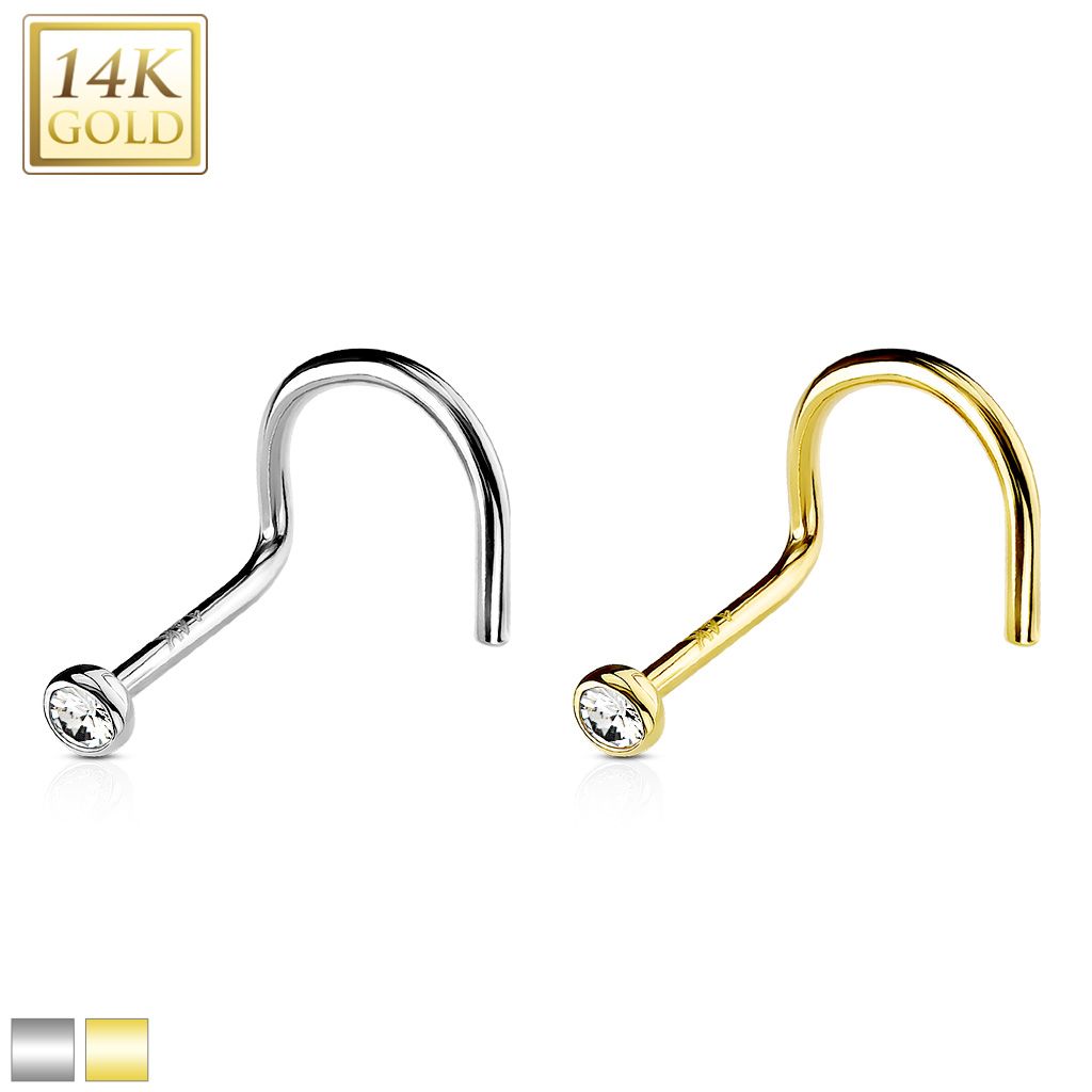 14 Karat Solid Gold Nose Ring Screw 20 or 18 Gauge 1/4" 6 mm & CZ Gem - Kruelty