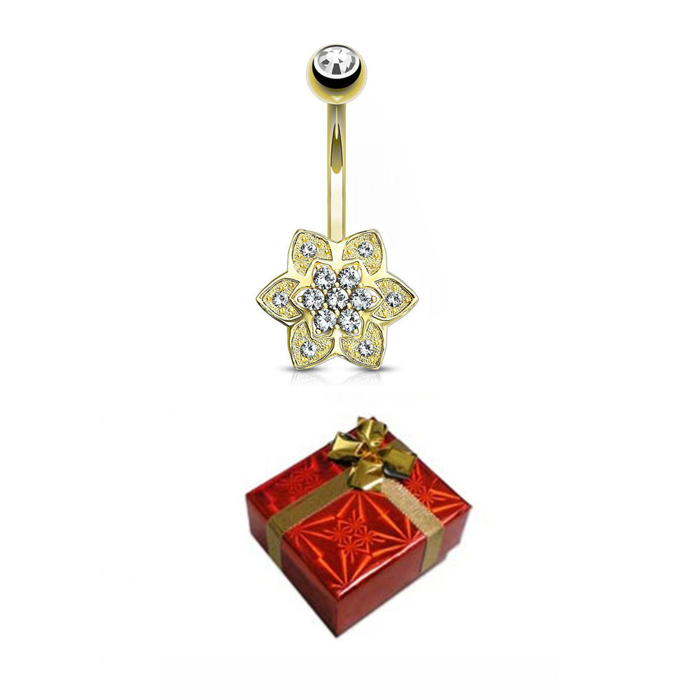 14K Solid Gold 14 Gauge Belly Button Ring with CZ Flower Cluster