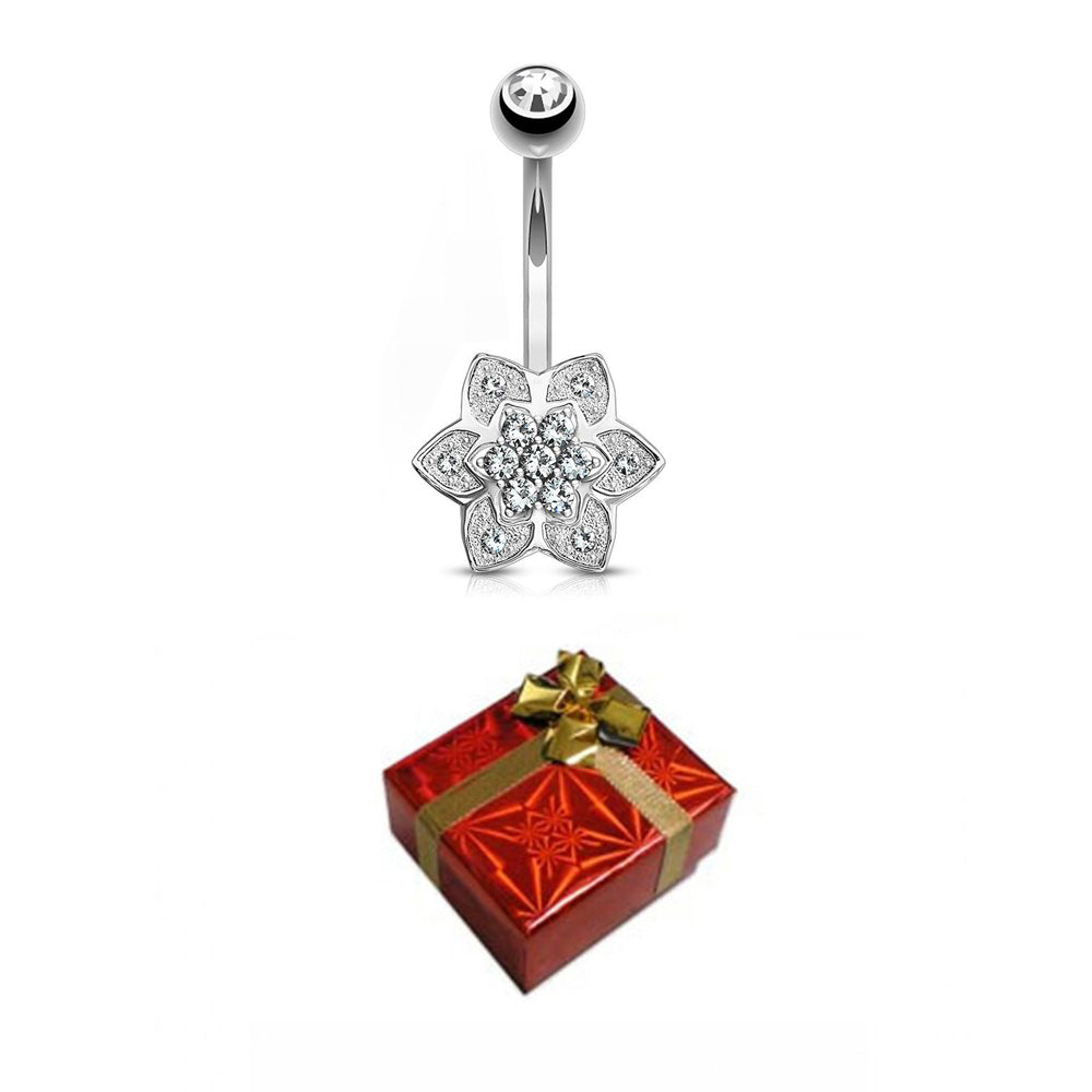 14K Solid Gold 14 Gauge Belly Button Ring with CZ Flower Cluster