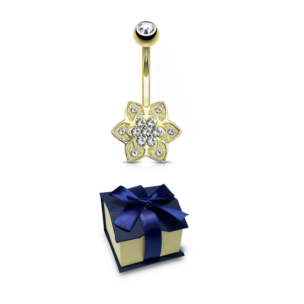 14K Solid Gold 14 Gauge Belly Button Ring with CZ Flower Cluster