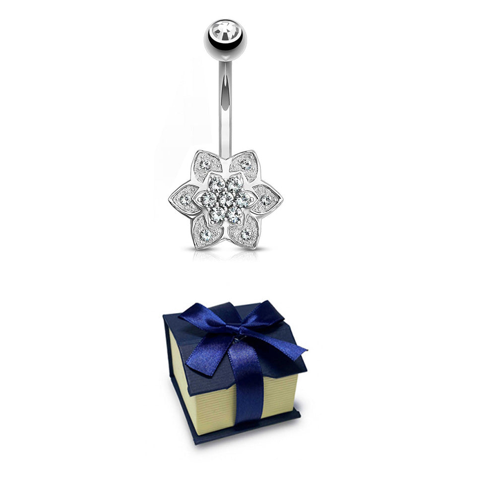 14K Solid Gold 14 Gauge Belly Button Ring with CZ Flower Cluster