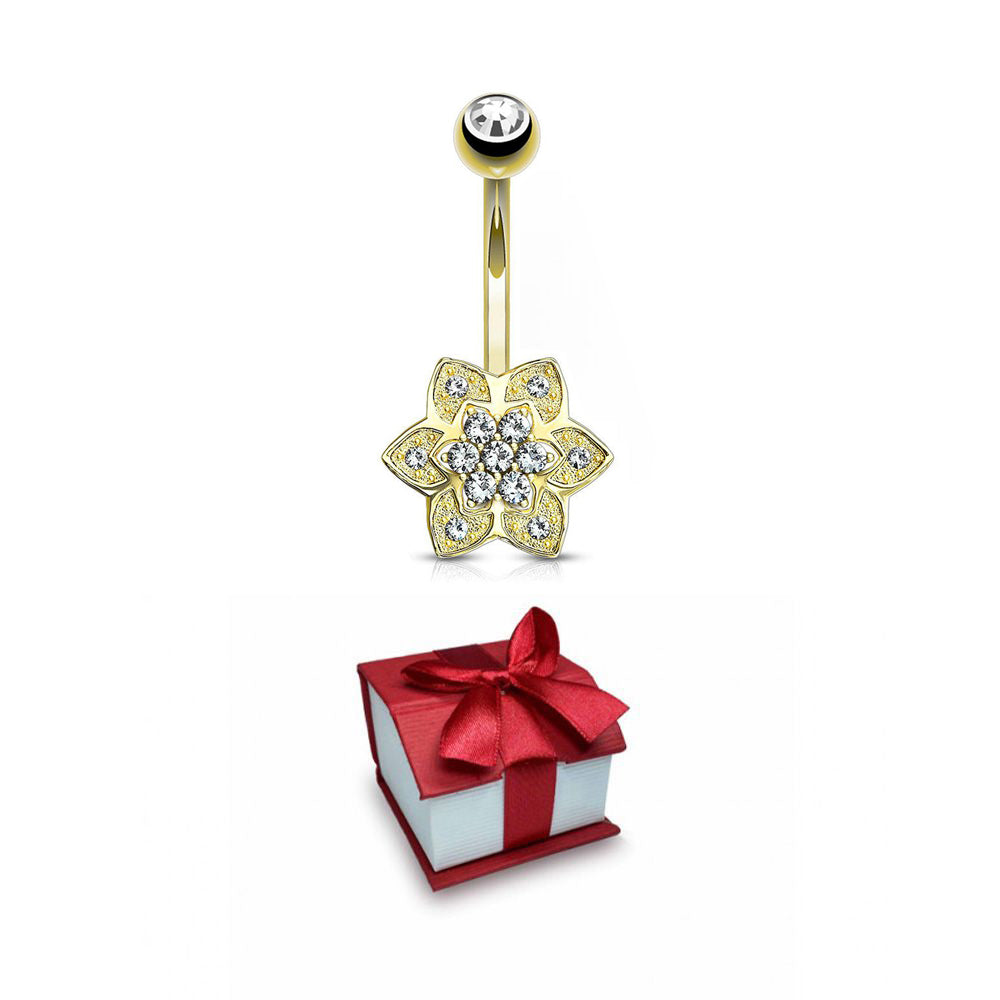 14K Solid Gold 14 Gauge Belly Button Ring with CZ Flower Cluster