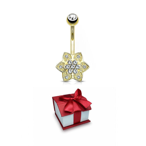 14K Solid Gold 14 Gauge Belly Button Ring with CZ Flower Cluster