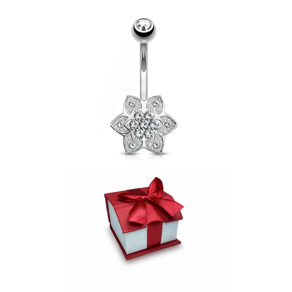 14K Solid Gold 14 Gauge Belly Button Ring with CZ Flower Cluster