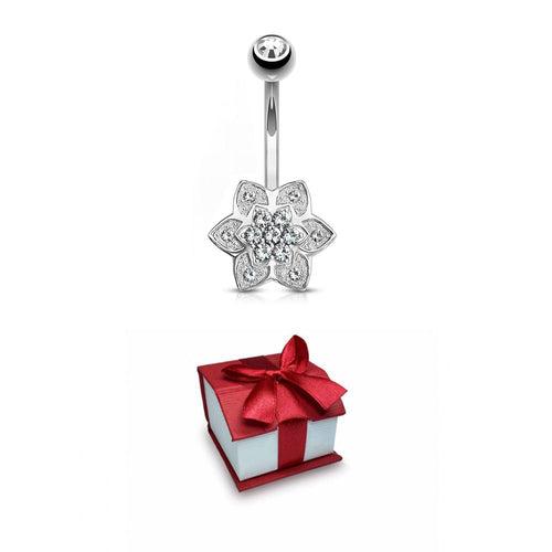 14K Solid Gold 14 Gauge Belly Button Ring with CZ Flower Cluster