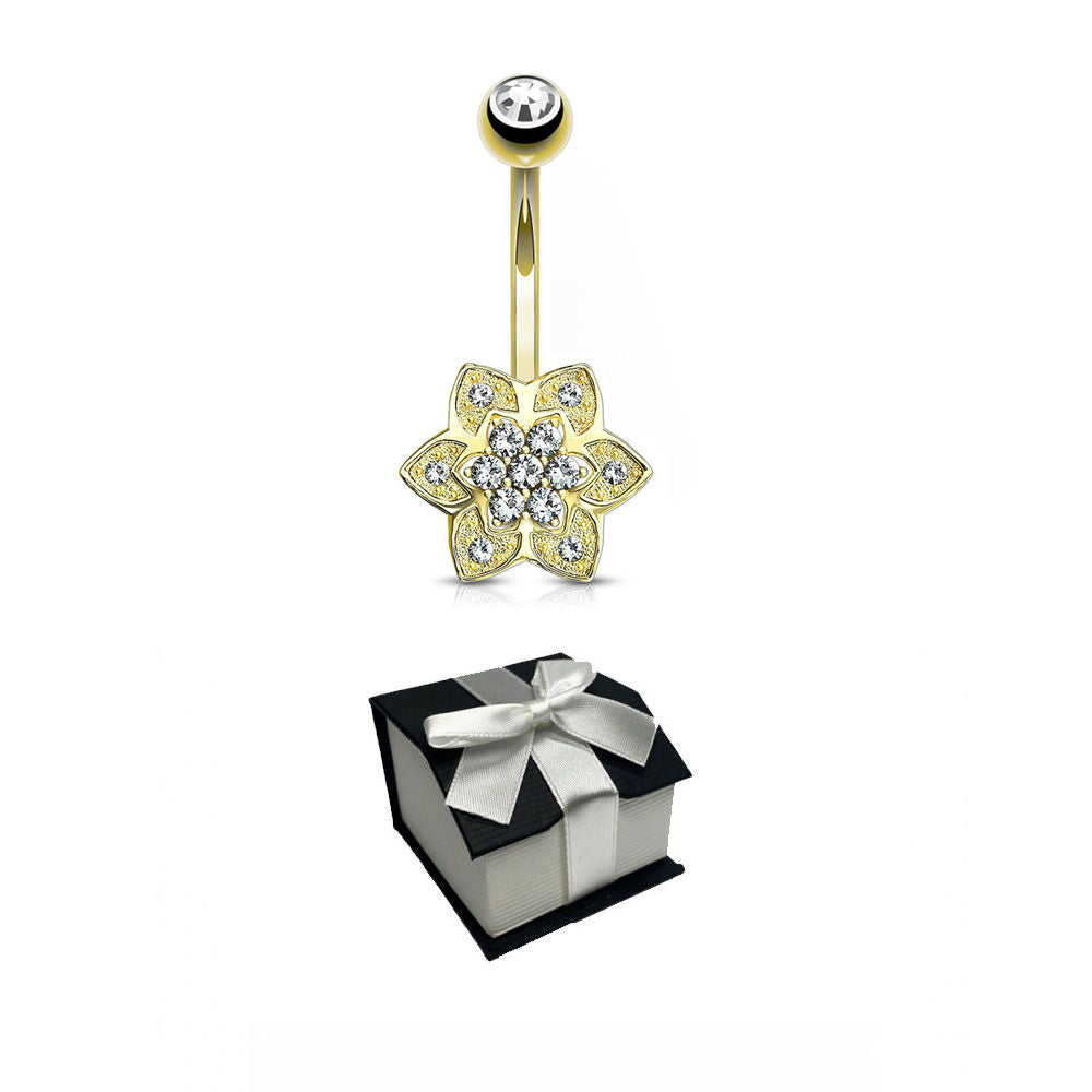 14K Solid Gold 14 Gauge Belly Button Ring with CZ Flower Cluster