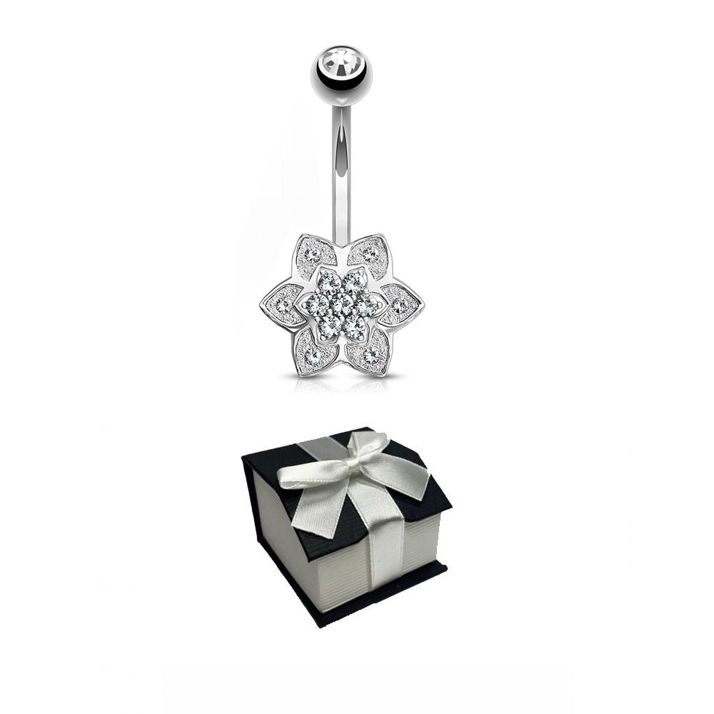 14K Solid Gold 14 Gauge Belly Button Ring with CZ Flower Cluster