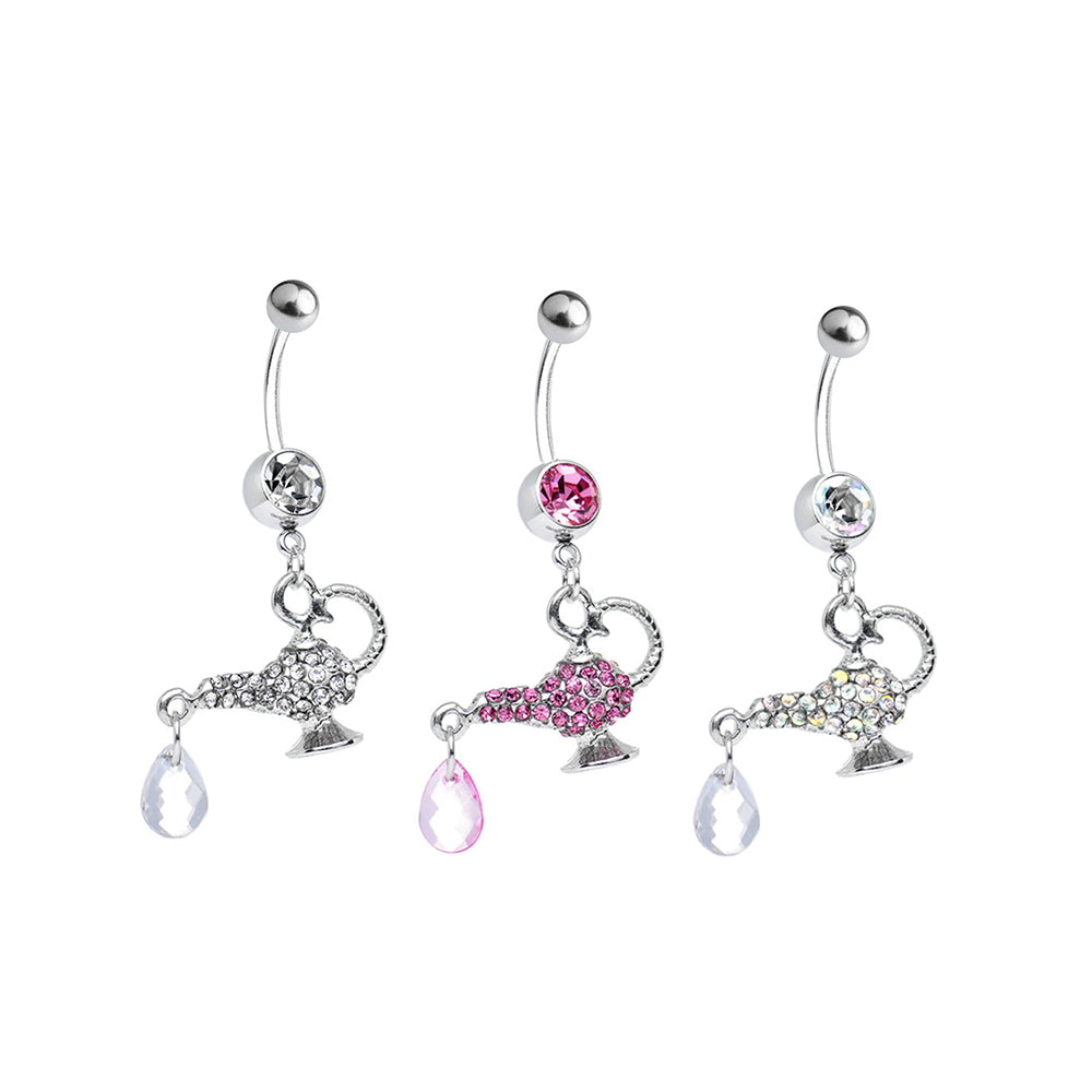 Surgical Steel 14 Gauge Belly Ring with Paved CZ Genie Lamp Dangle