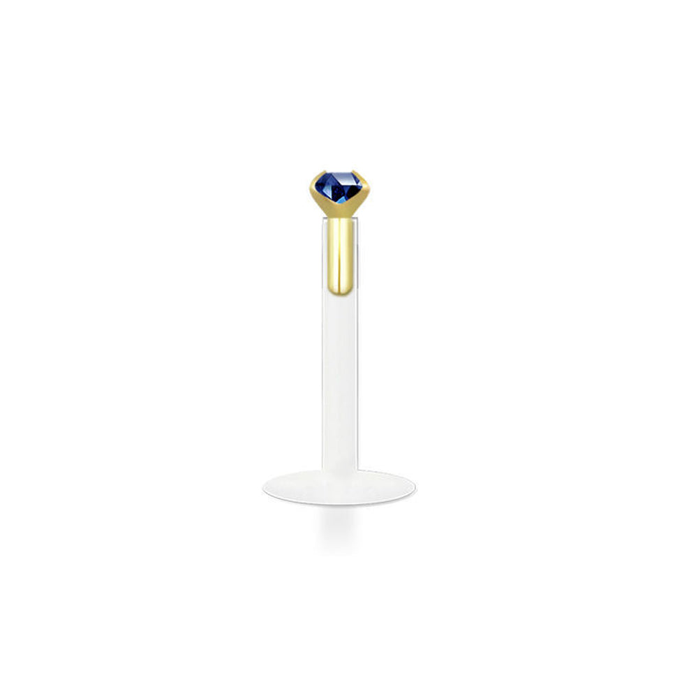 14K Gold & Bioflex 16 Gauge Push In Genuine CZ Top Labret Stud