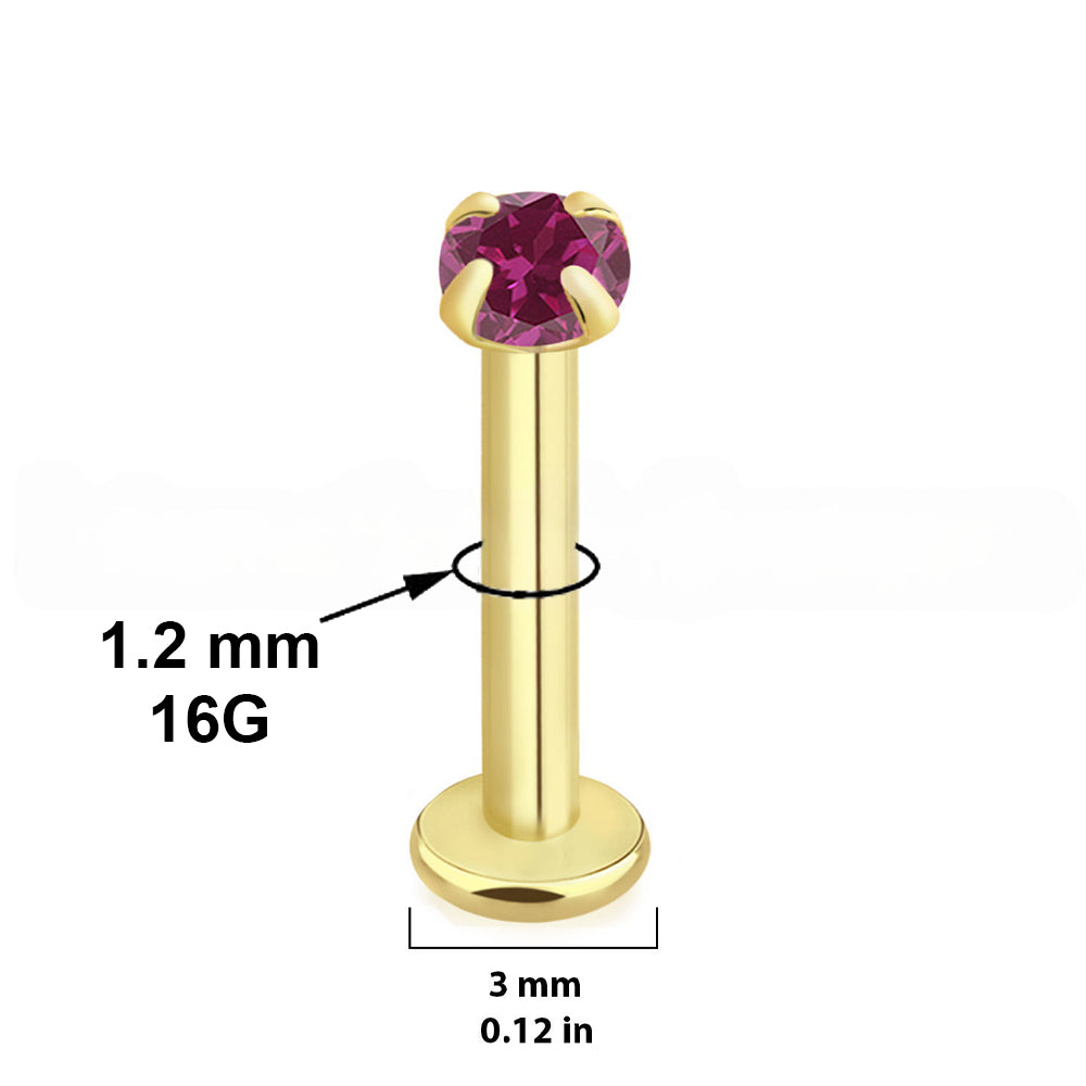 14K Solid Gold 16 Gauge Genuine Ruby Threadless Labret Stud