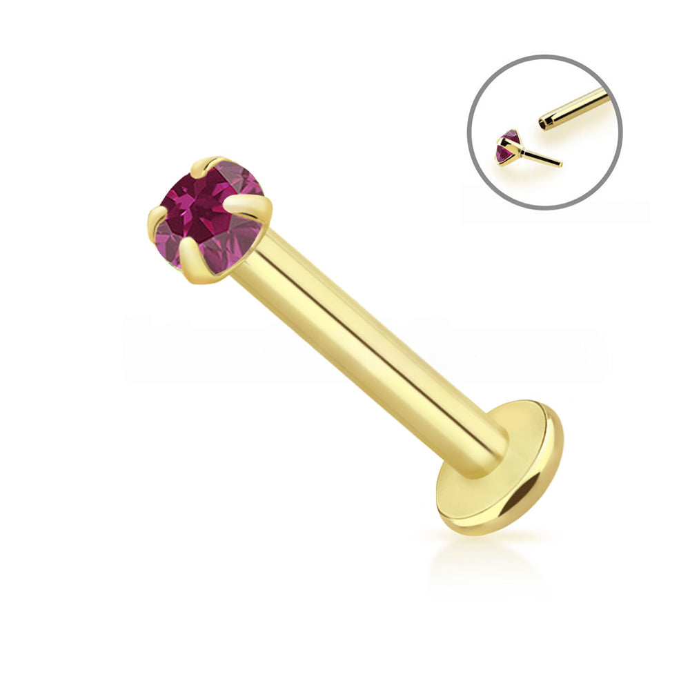 14K Solid Gold 16 Gauge Genuine Ruby Threadless Labret Stud