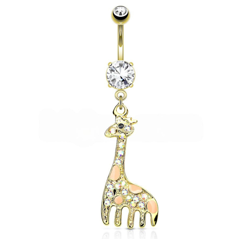 Surgical Steel 14 Gauge PVD Gold Belly Ring with Giraffe Dangle