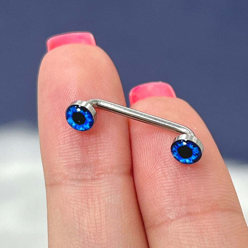 Surgical steel surface barbell with eyeball ends