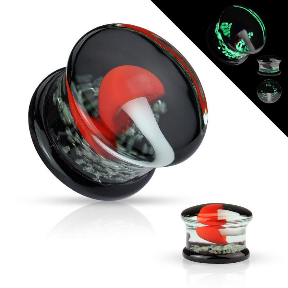 Pyrex Glass 2 to 5/8 Inch Plugs with Glow In Dark Mushrooms - Pair