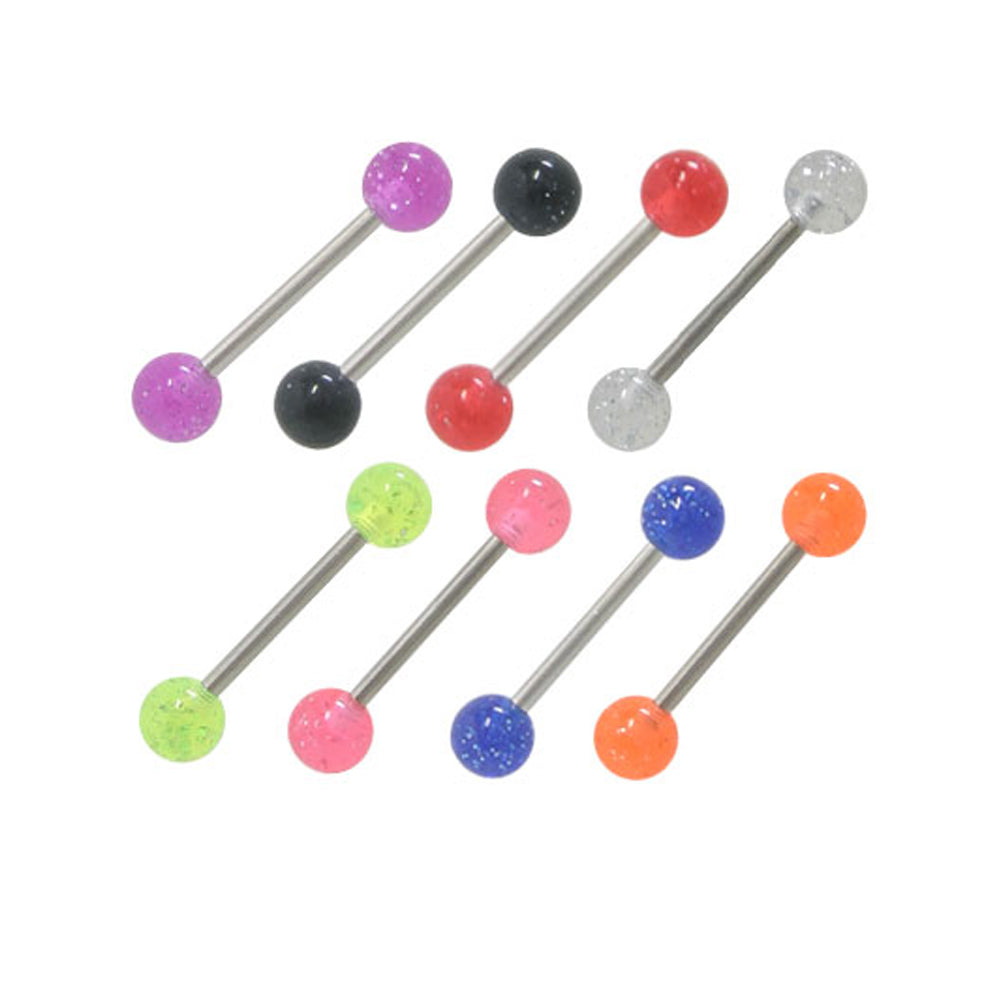 Surgical Steel 14 Gauge Tongue Barbell with UV Glitter Ball