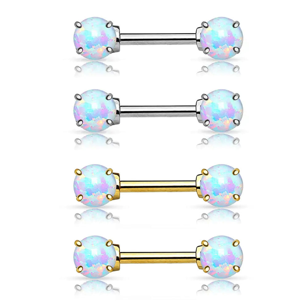 14K Solid Gold 14 Gauge Glitter Opal CZ Nipple Barbell - Pair