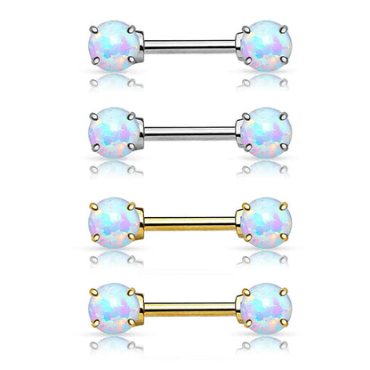 14K Solid Gold 14 Gauge Glitter Opal CZ Nipple Barbell - Pair