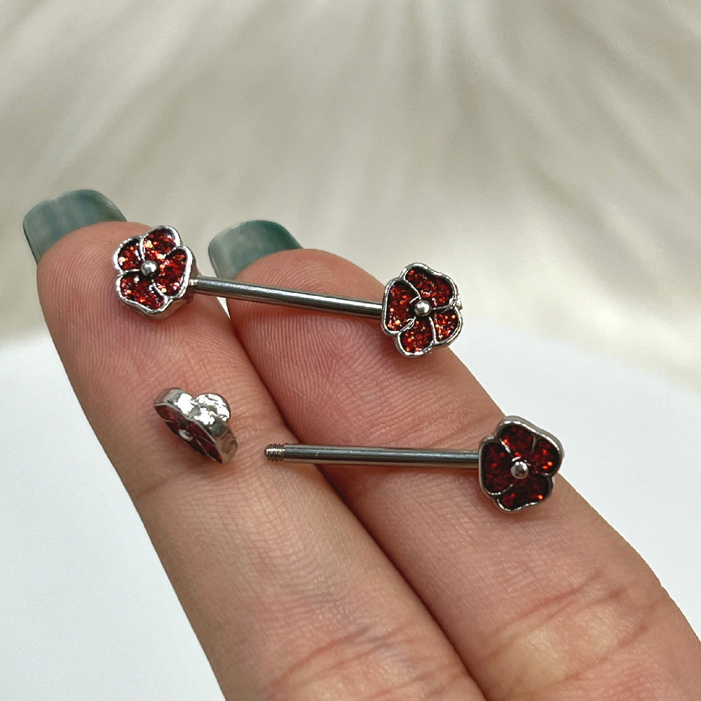 Surgical Steel Nipple Barbell 14G with Red Glitter CZ Poppy - Pair - photo 3