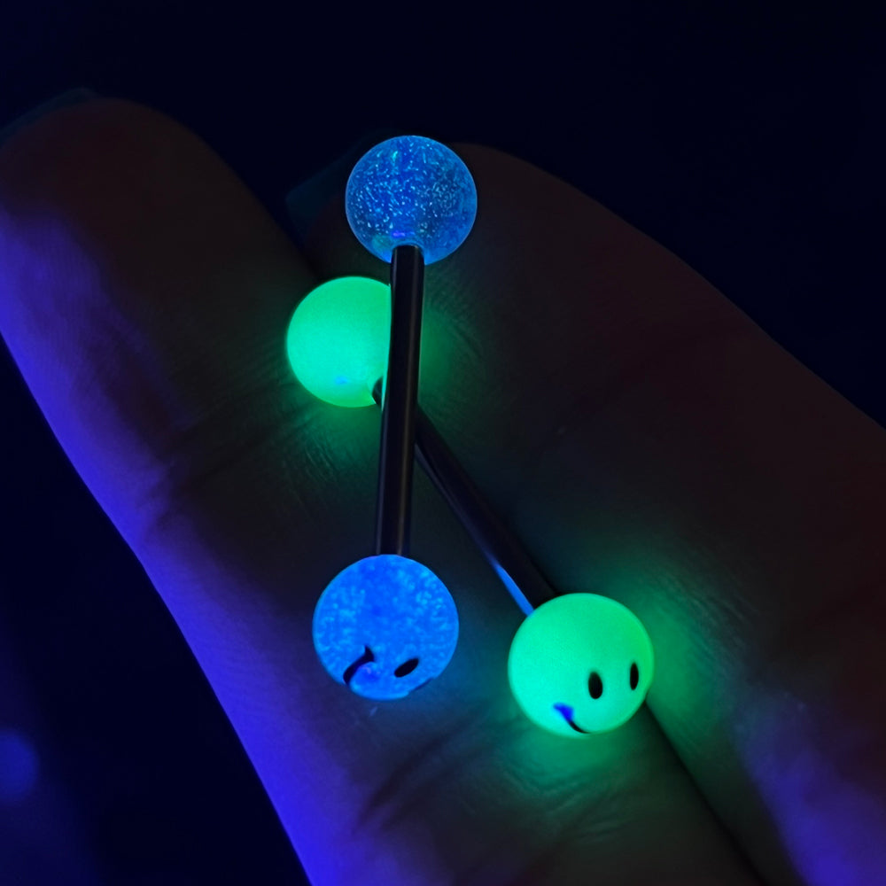 Surgical Steel 14 Gauge Tongue Barbell with Glow Smiley Face Ball - photo 3