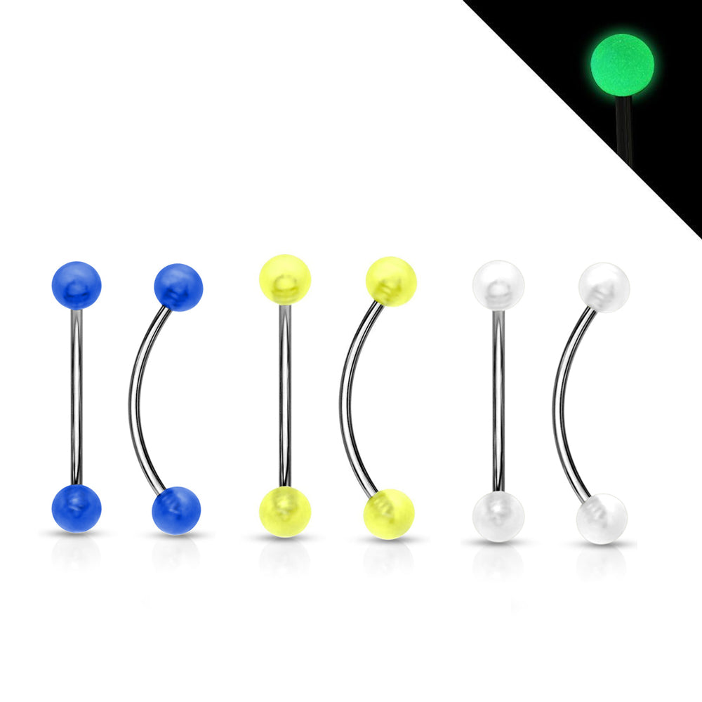 Surgical Steel 16 Gauge Curved Barbell with Glow in Dark Ball - Pair