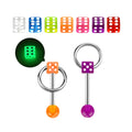 Surgical steel tongue barbell with glow-in-the-dark dice
