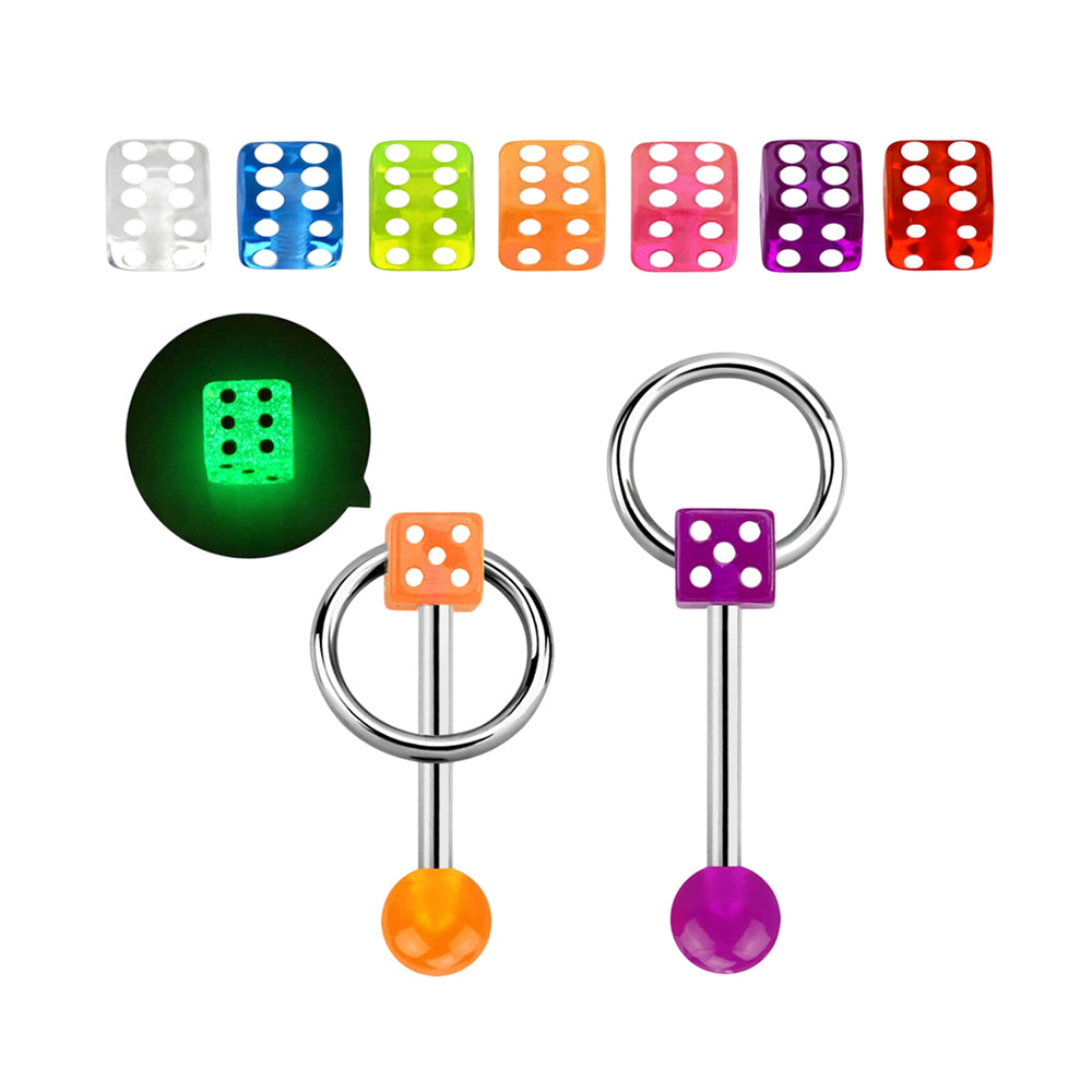 Surgical steel tongue barbell with glow-in-the-dark dice