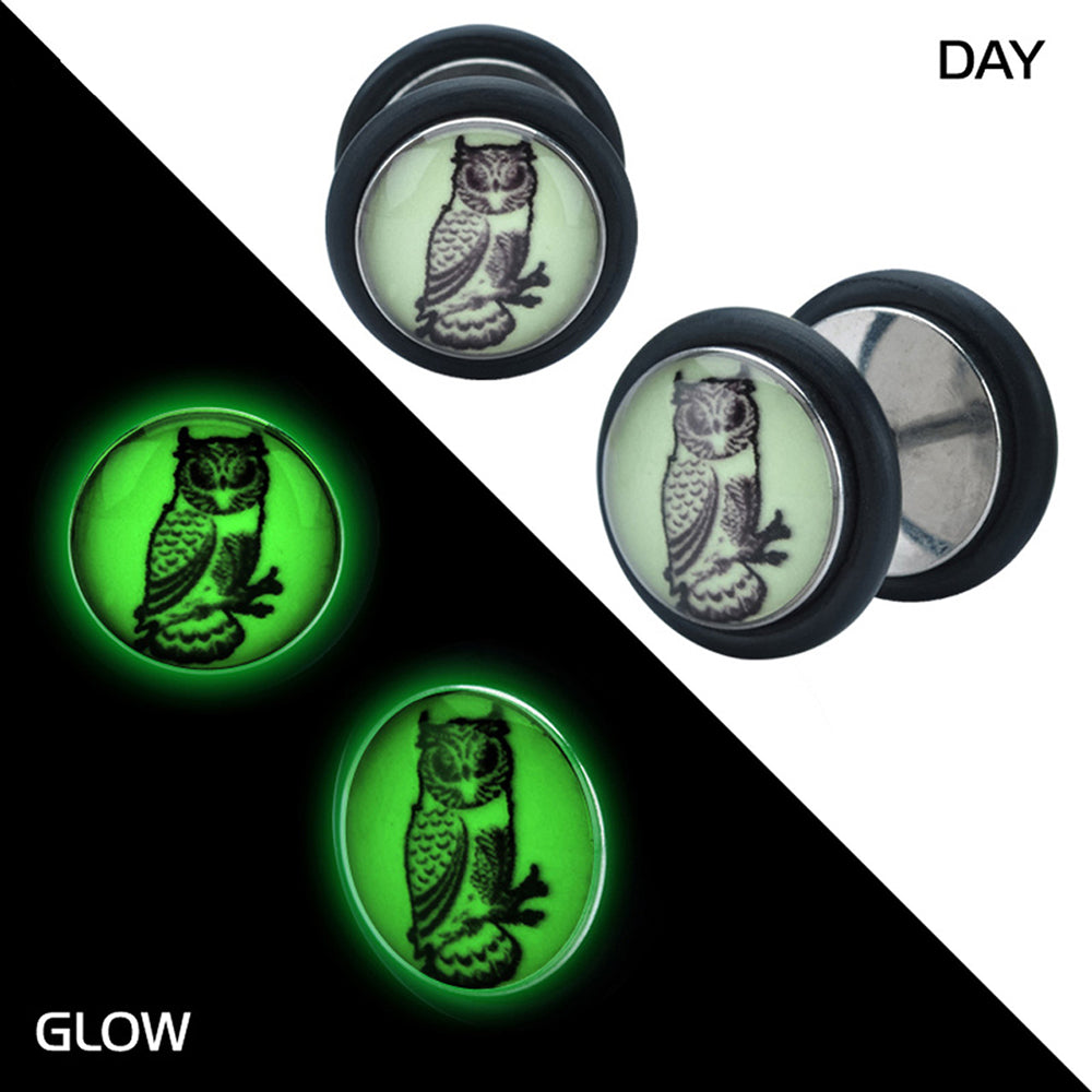 Surgical Steel Fake Plug Earrings 18 Gauge with Glow Owl - Pair - photo 2
