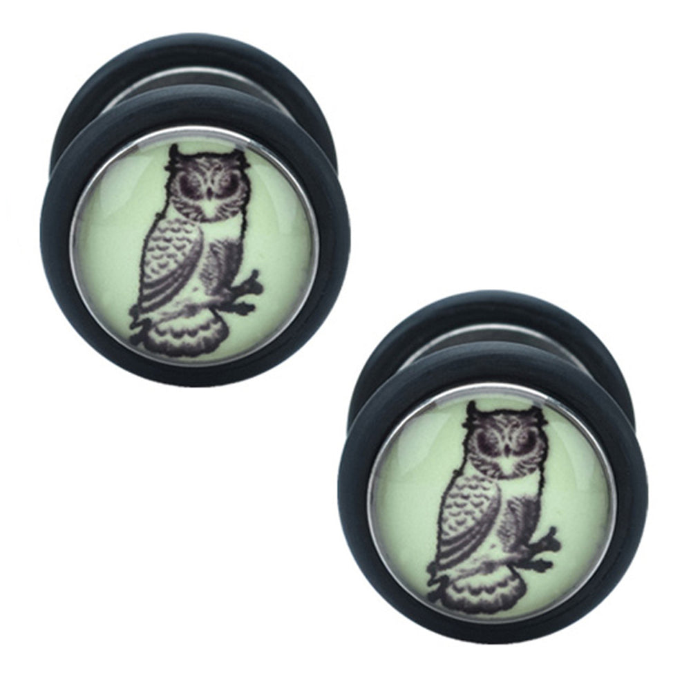 Surgical Steel Fake Plug Earrings 18 Gauge with Glow Owl - Pair