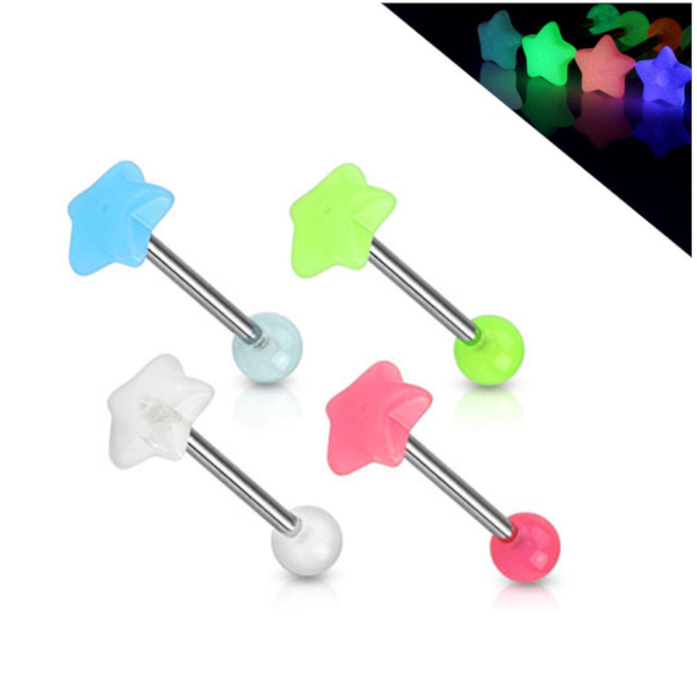 Surgical Steel 14 Gauge Tongue Barbell with Star Glow in the Dark