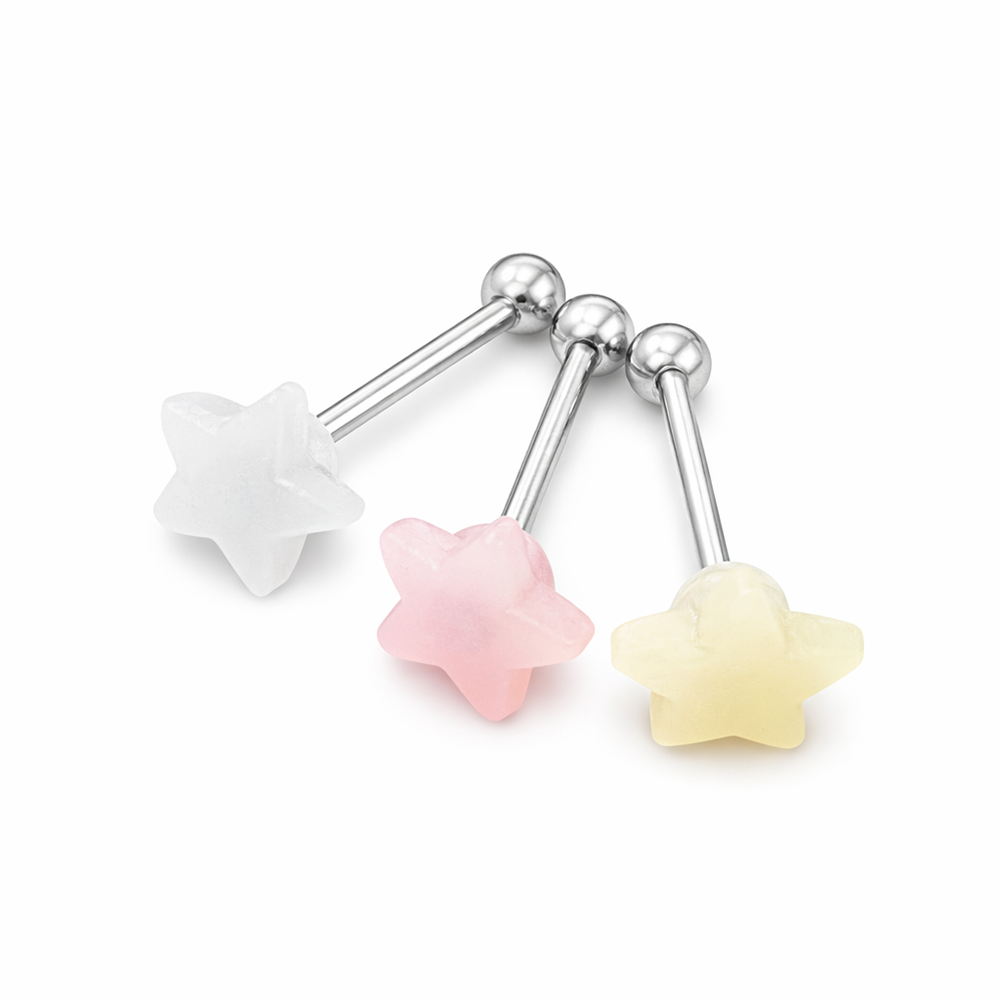 Surgical Steel 14 Gauge Tongue Barbell with Glow In Dark Star - 3 Pack