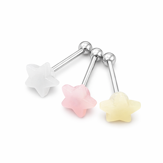 Surgical Steel 14 Gauge Tongue Barbell with Glow In Dark Star - 3 Pack