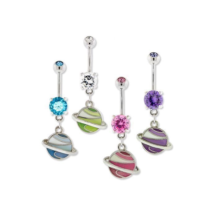 Surgical Steel 14 Gauge Belly Ring with Glow Saturn Dangle