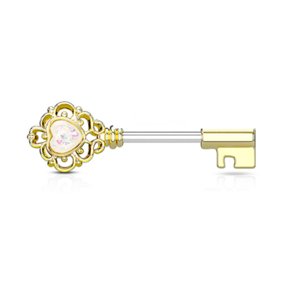 Surgical Steel Nipple Barbells with Opal Heart Vintage Key - Pair - photo 3