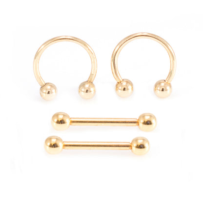 Surgical Steel Gold Nipple Ring Mixed Barbell 16 Gauge 10 MM - 4 Pack