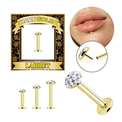 14K Solid Gold Flat Back Labret 16 Gauge 12mm to 16mm with CZ - photo 7