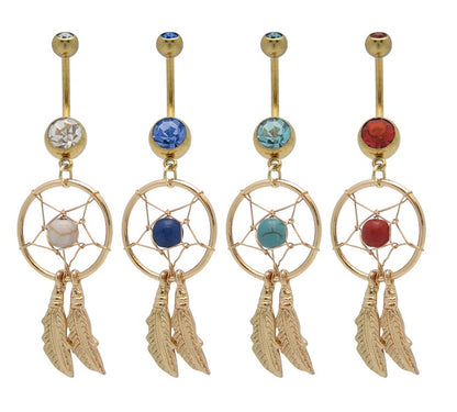 Surgical Steel 14 Gauge Belly Ring with Gold Plated Dreamcatcher