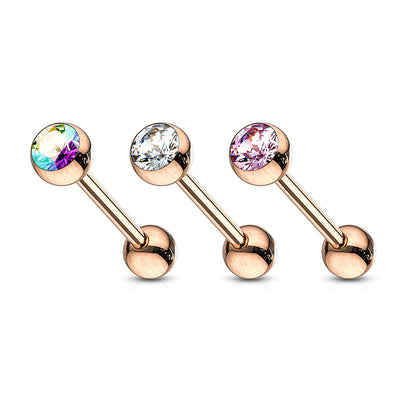Rose Gold IP Surgical Steel 14 Gauge Tongue Barbell with Crystal Ball