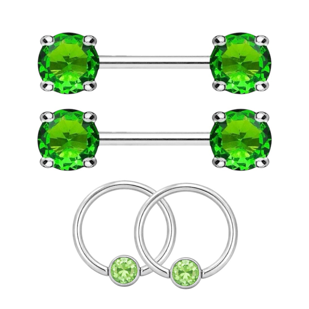 Surgical Steel 14 Gauge Nipple Barbell & Green CZ Captive Bead - Pair