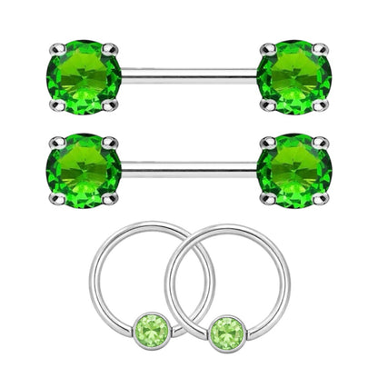 Surgical Steel 14 Gauge Nipple Barbell & Green CZ Captive Bead - Pair