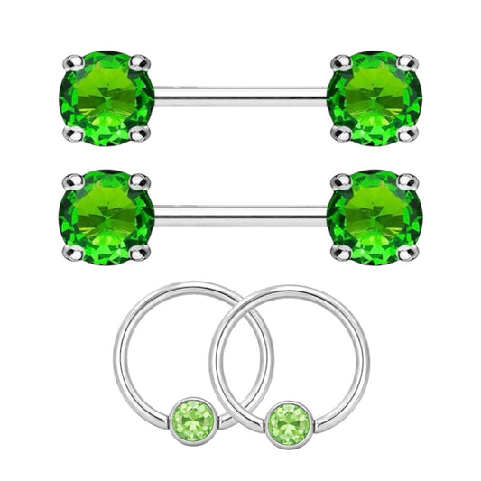 Surgical Steel 14 Gauge Nipple Barbell & Green CZ Captive Bead - Pair