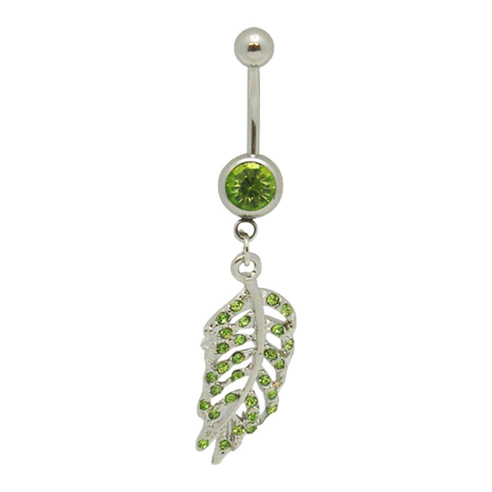 Surgical Steel 14 Gauge Paved CZ Dangling Feather Leaf Belly Ring