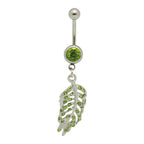 Surgical Steel 14 Gauge Paved CZ Dangling Feather Leaf Belly Ring