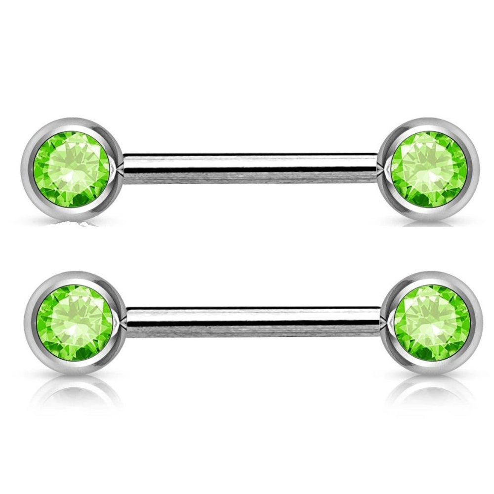 Surgical Steel 14 Gauge Nipple Barbell Green CZ with Bezel - Pair