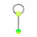 Surgical steel tongue barbell with glow-in-the-dark dice