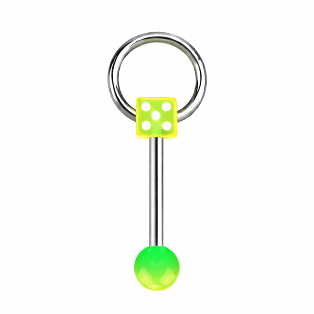 Surgical steel tongue barbell with glow-in-the-dark dice