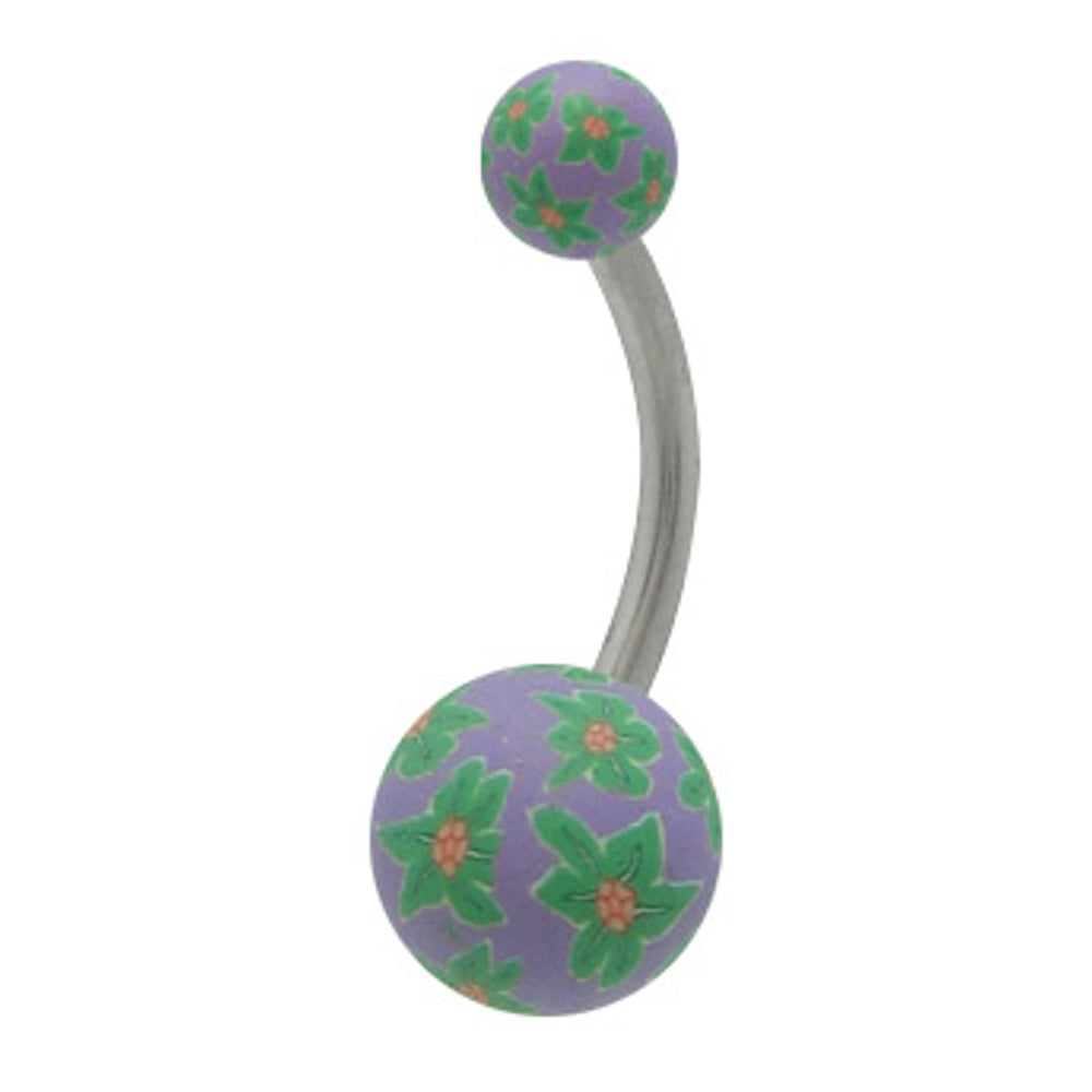 Surgical Steel 14 Gauge Green Belly Ring with Flower Silicone Ball