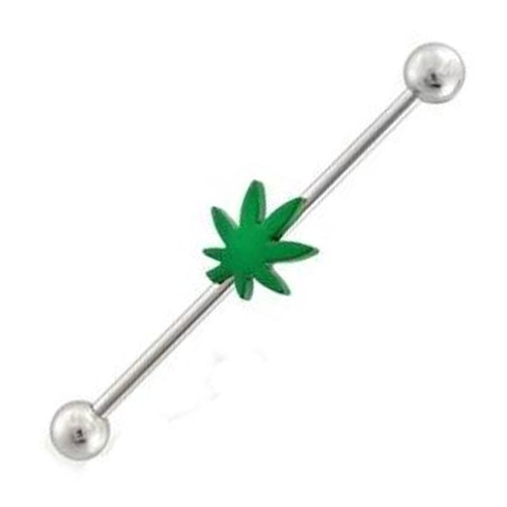 Surgical Steel 14 Gauge Industrial Barbell with Green Pot Leaf
